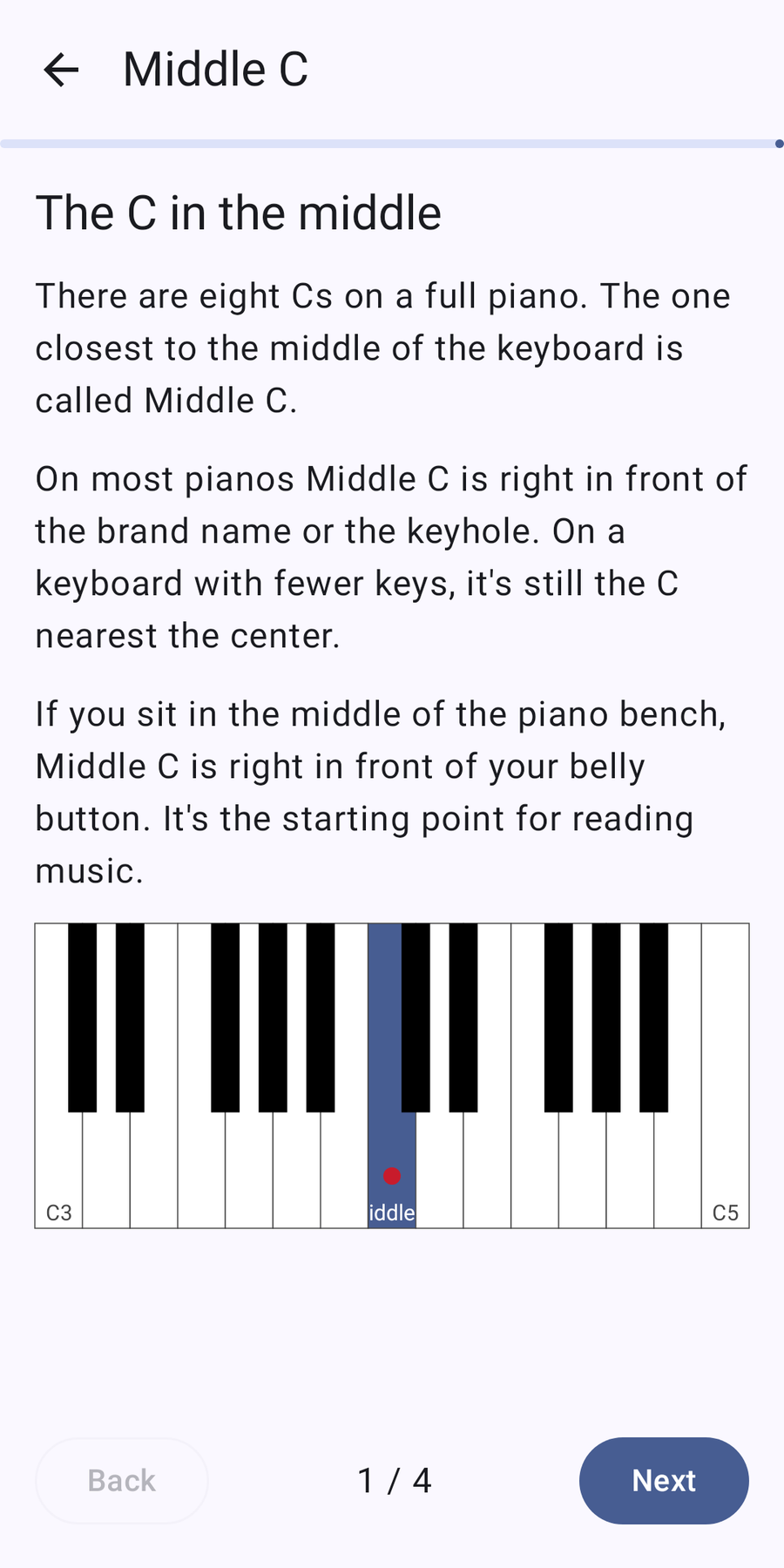 A lesson explaining middle C with a keyboard picture