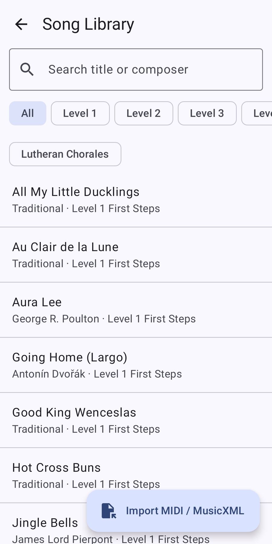 Song library with level filters